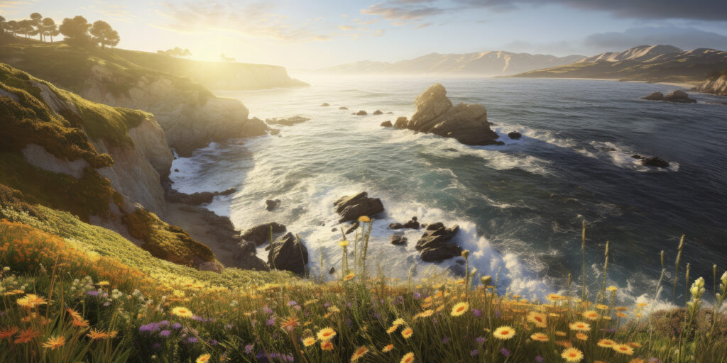 Paysage de bord de mer au lever du soleil avec des fleurs au premier plan réalisée avec Midjourney 5.2 trouvée gratuitement sur Freepik
